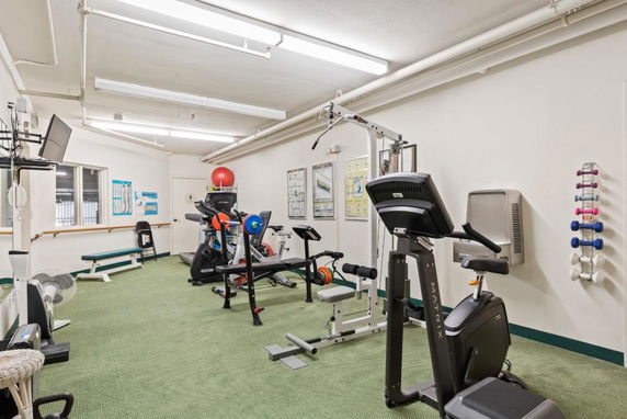 Indoor gym area with exercise equipment and weights.