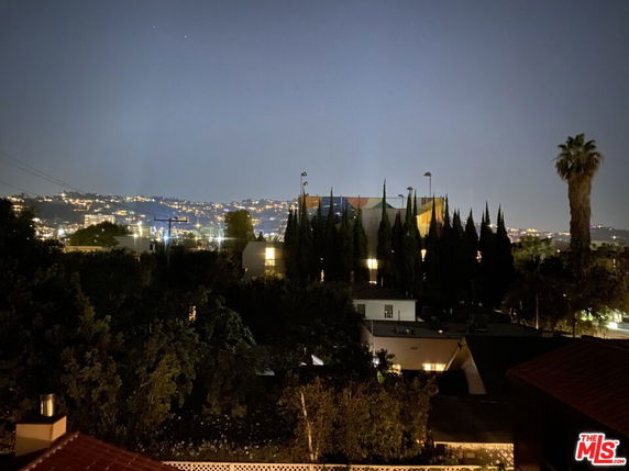Night view of cityscape with lights and trees.