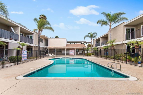 Outdoor swimming pool surrounded by residential buildings.
