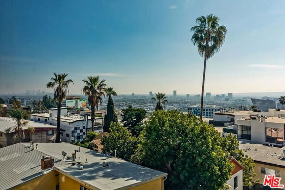 Panoramic view of a cityscape with buildings and palm trees.