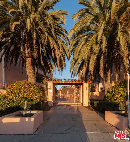 Front view of a building entrance with palm trees flanking the gate.