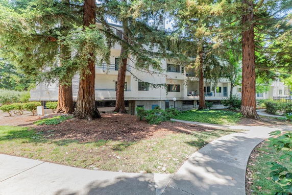 Front view of a multi-story building with balconies and surrounded by tall trees.