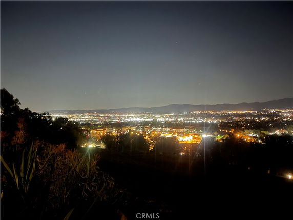 Panoramic night view of a city with numerous lights and distant mountains.