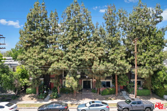 Front view of a multi-story building partially obscured by tall trees.
