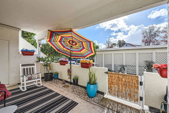 View from a covered patio with a colorful umbrella and potted plants.