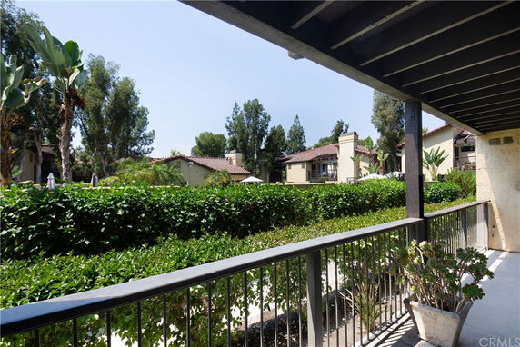 View from a building showing nearby houses with hedges and trees.