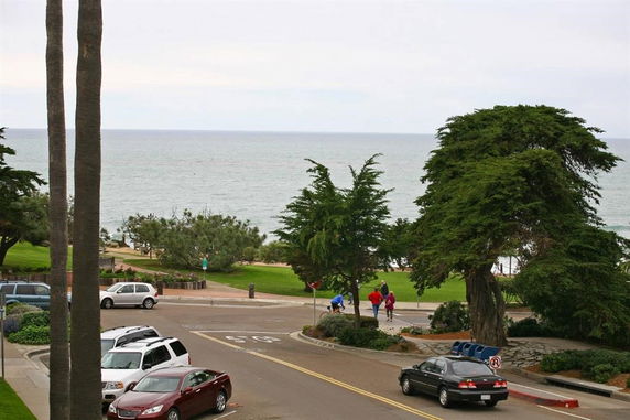 View of the ocean from a street with parked cars and trees.
