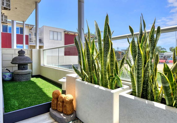 View from a balcony with potted plants and a decorative item overlooking surrounding buildings.