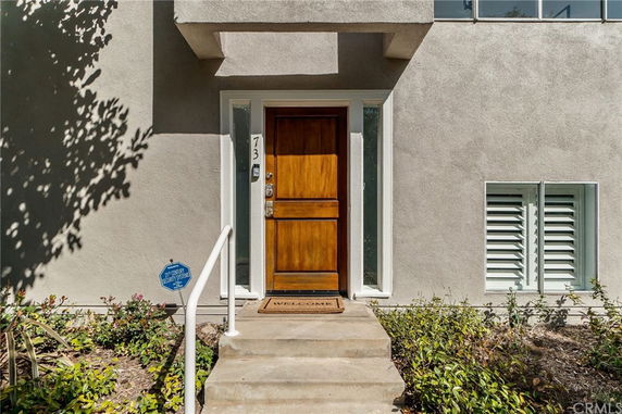 Front view of a house entrance with a wooden door and small steps.