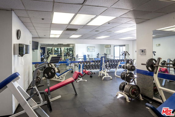 Indoor gym with various exercise equipment and weights.