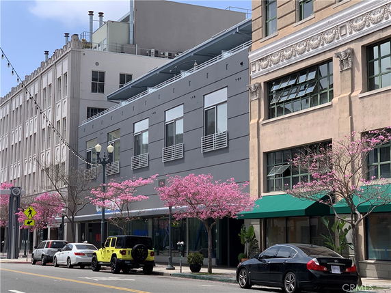 Street view of multi-story buildings with modern façades.