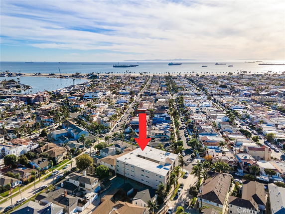 Panoramic view of a residential neighborhood near a beach.