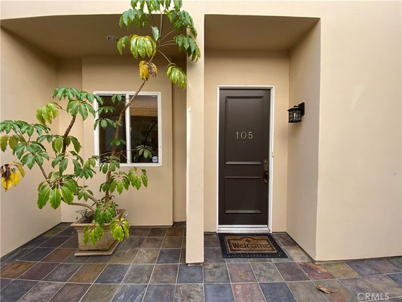 Front view of an entrance with a dark door and a welcome mat, adjacent to a small square window and a potted plant.