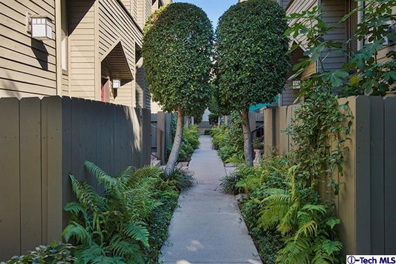Front view of a townhouse with a narrow pathway lined with plants and trees.