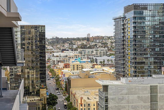View of buildings and streets in an urban area from above.