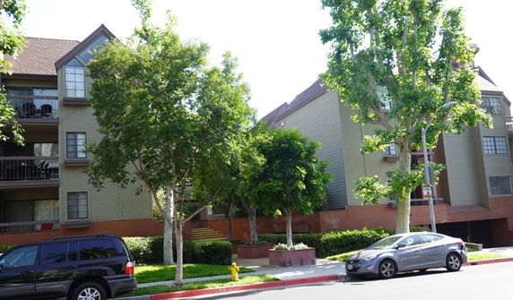Front view of a multi-story residential building with balconies and trees in front.
