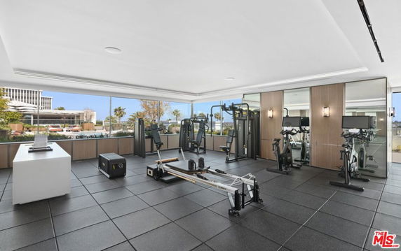 Spacious indoor gym with modern exercise equipment and large windows.
