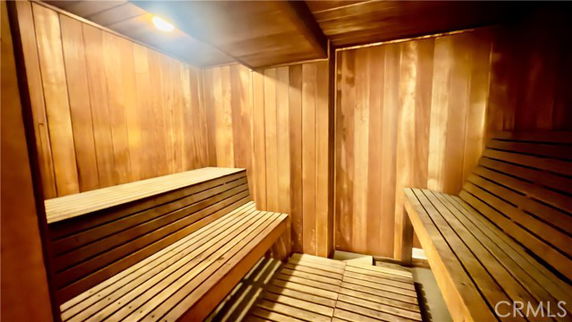 Interior view of a wooden sauna room.