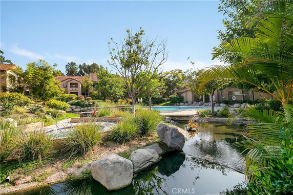 View of an outdoor pond and swimming pool area surrounded by greenery and residential buildings.