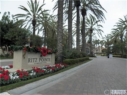 Main entrance to Ritz Pointe Condominiums with palm trees and decorative flowers.