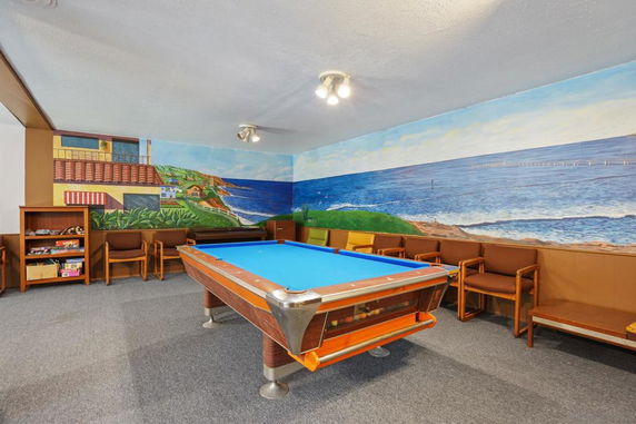 Indoor recreational room with a pool table and wall mural.