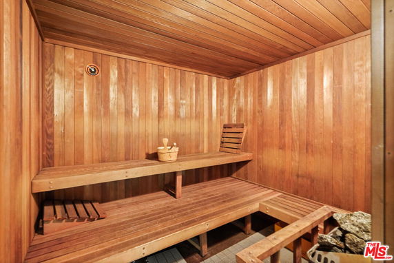 Interior view of a wooden sauna room.