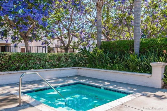 Small outdoor swimming pool surrounded by greenery and trees.