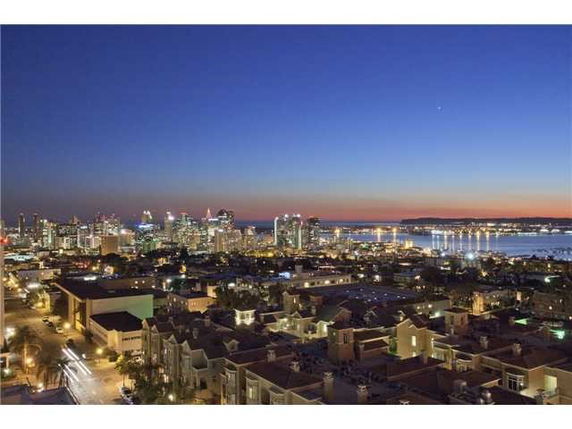 Panoramic view of a city skyline at dusk with illuminated buildings and a waterfront.