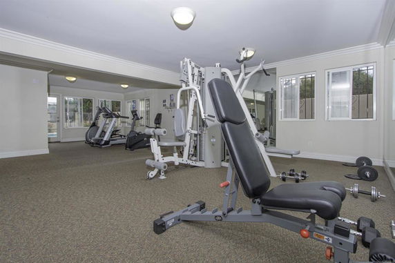 Room equipped with gym equipment including exercise machines and weights.