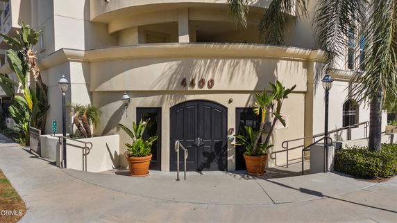 Front view of a building entrance with potted plants and a curved pathway.