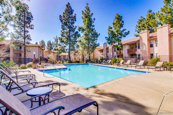 Outdoor swimming pool area with lounge chairs and surrounding apartments.