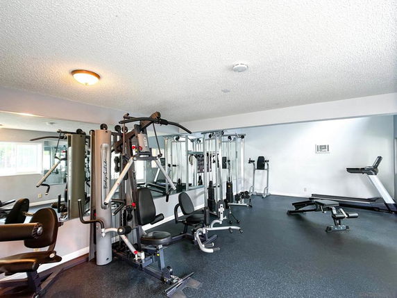 Indoor gym with exercise machines and equipment.