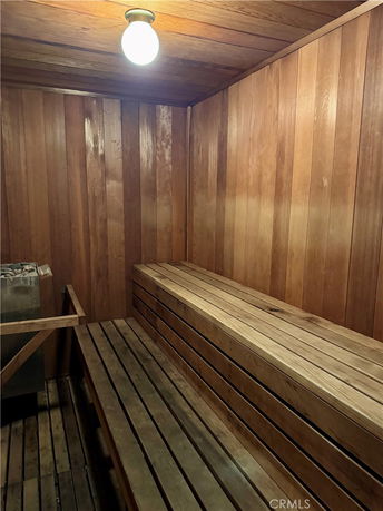 Wooden sauna room with bench seating and a ceiling light.