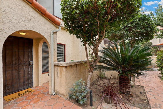 Front view of a house with an arched entryway and nearby garden plants.