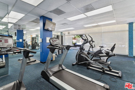 Interior view of a gym with treadmills and exercise bikes.