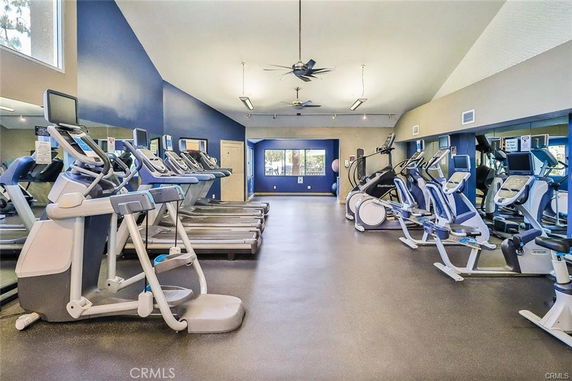 Indoor gym area with exercise machines and gym equipment.