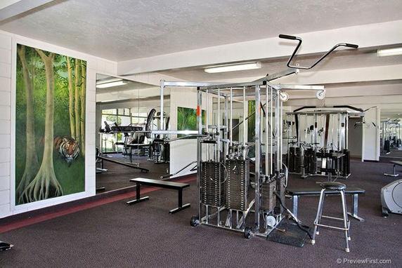 Indoor gym area with fitness equipment and mirrors.