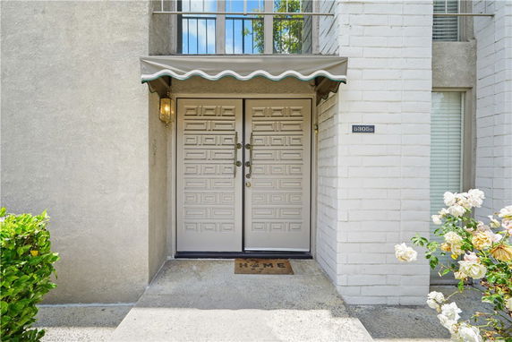 Front view of a house entryway with a double door and a small awning.