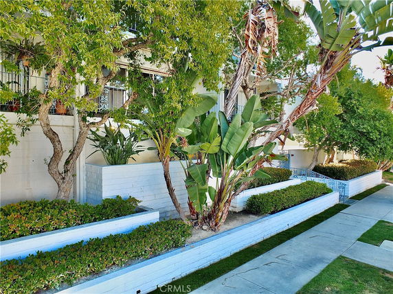 Front view of a multi-story building with white exterior walls and surrounding greenery.