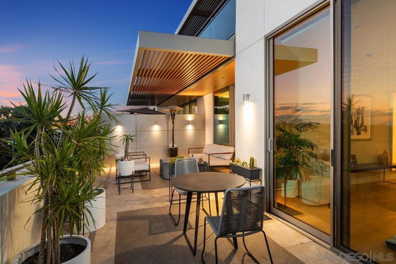 Rooftop patio area with seating and plants, featuring a modern architectural design.