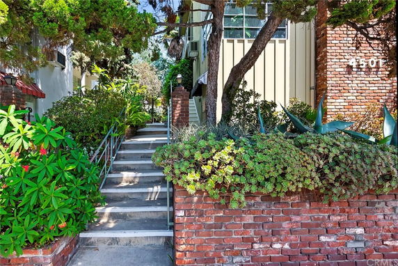 Front view of a building entrance with brick steps and greenery