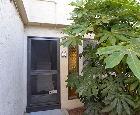Entrance to a building with a glass door and surrounding foliage.