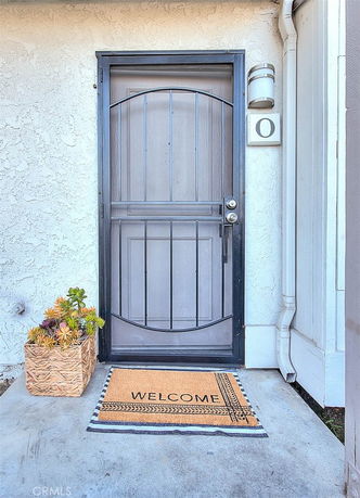 Front view of a house entrance with a decorative door and a welcome mat.