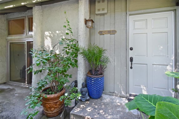 Front view of a house entrance with potted plants and a white door.