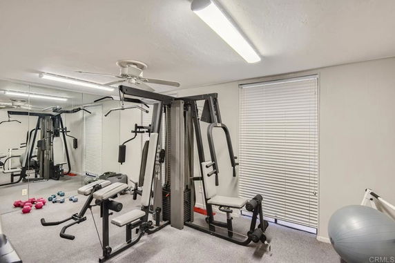 Indoor gym area with workout equipment and mirrors.