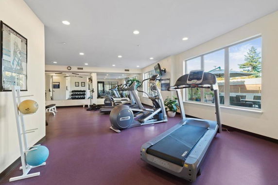 Interior view of a gym with fitness equipment and large windows.