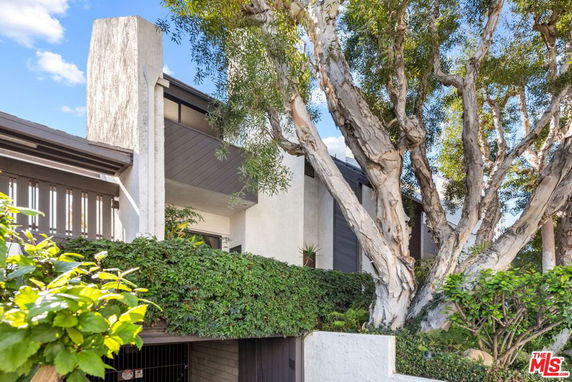Front view of a house with modern architectural features, partially obscured by trees and greenery.