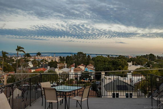 Panoramic view of cityscape with bridge and cloudy sky from a rooftop terrace.
