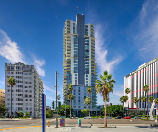 Front view of a high-rise building in an urban area.