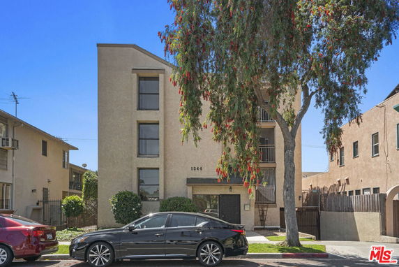 Front view of a multi-story residential building with a tree in front.